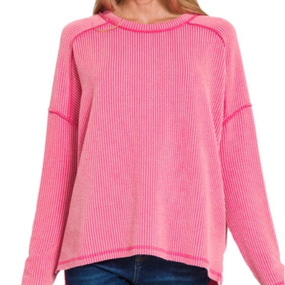 Fuchsia Corded Ribbed Long Sleeve Top - Picture 1 of 1